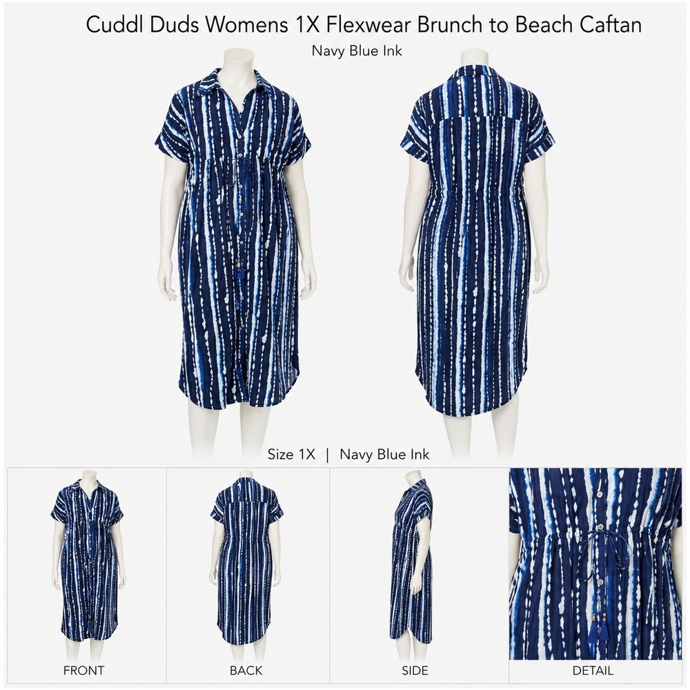 Cuddl Duds Womens 1X Flexwear Brunch to Beach Caftan Navy Blue Ink Stripe A63744